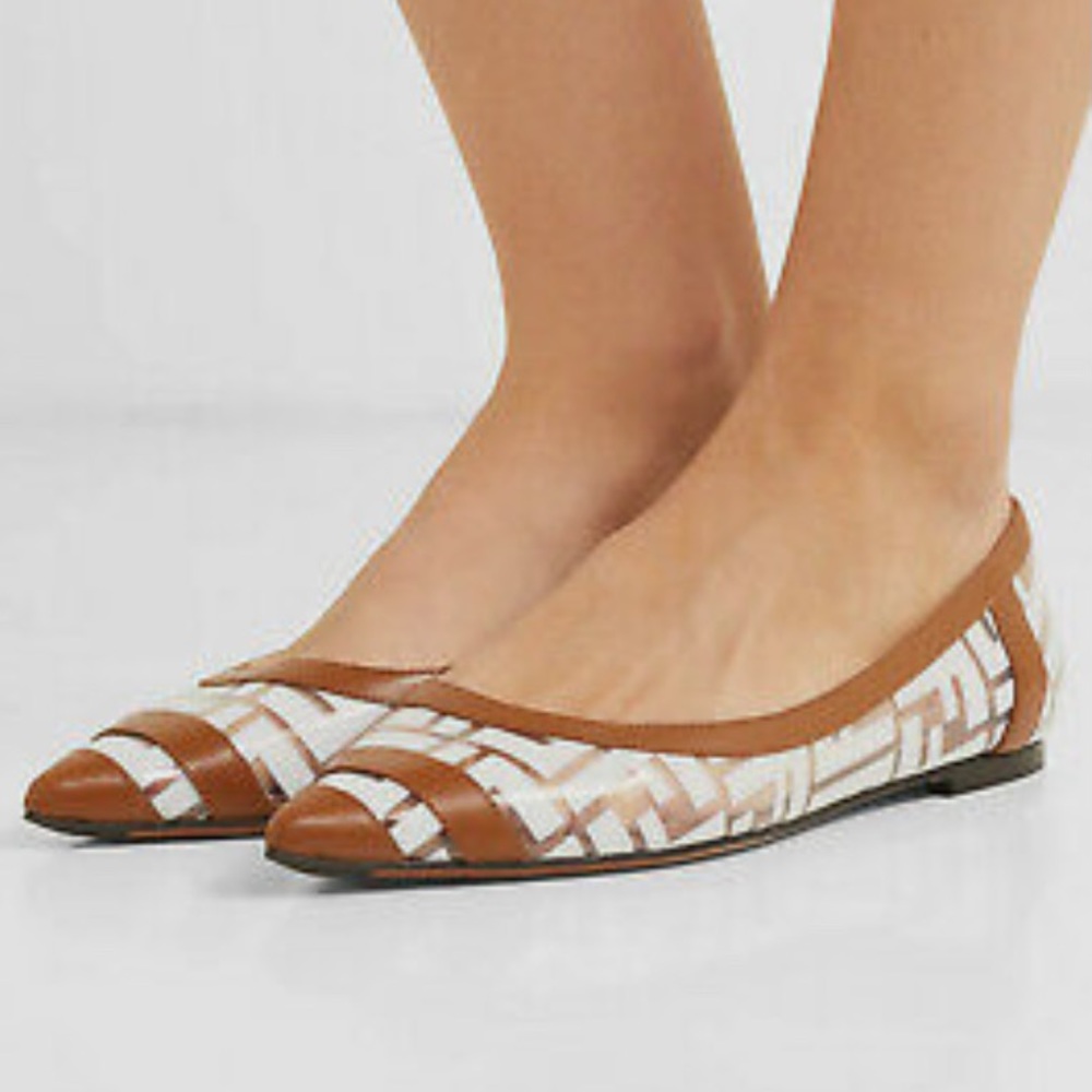 Fendi White PVC Colibri Brown Leather FF Logo Pointed Ballerina Flat